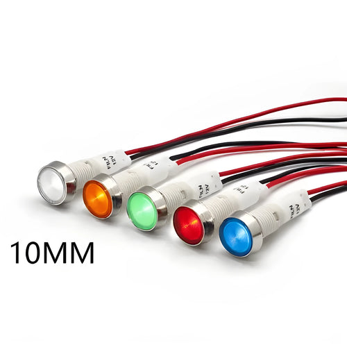 10mm stainless steel edge LED indicator light with wire and flat metal lens in multiple colours.
