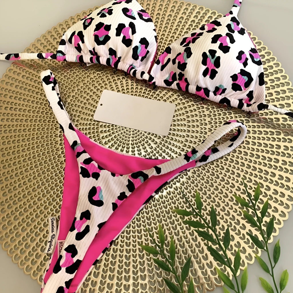 Women's printed beach bikini swimsuit with cotton lining on mannequin