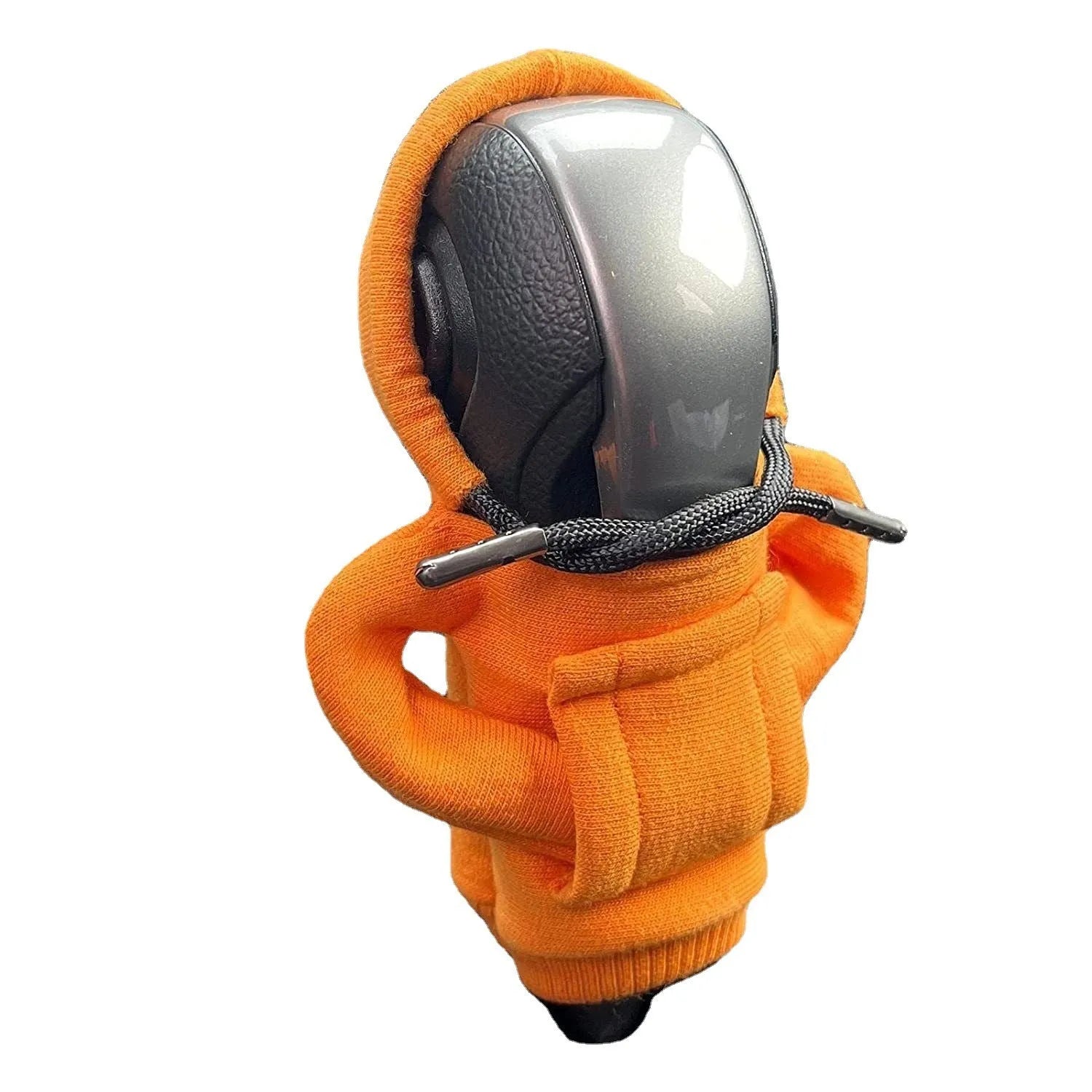 Cloth car gear shift knob hoodie cover in assorted colours next to a tape measure showing 13cm by 8cm dimensions.