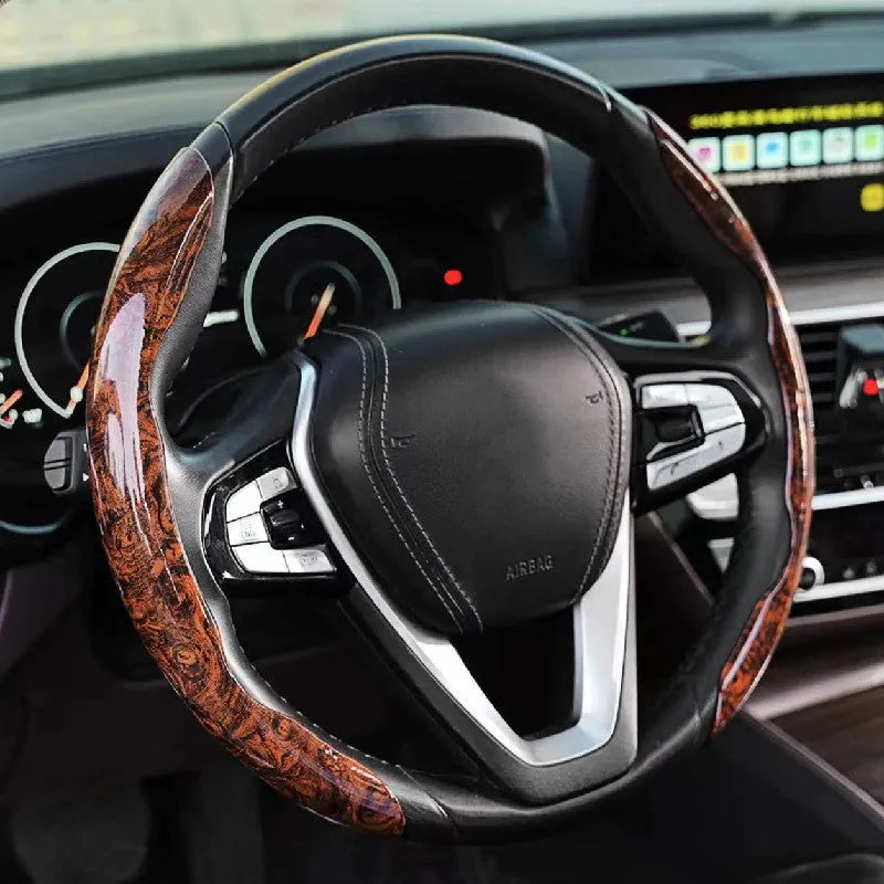 Peach wood grain artificial leather steering wheel sleeve showing sports design and colour options