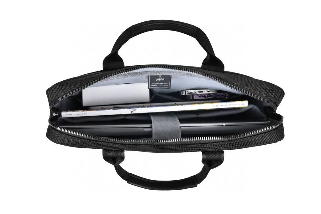 Black Oxford cloth laptop backpack with multiple front pockets and a padded computer compartment.