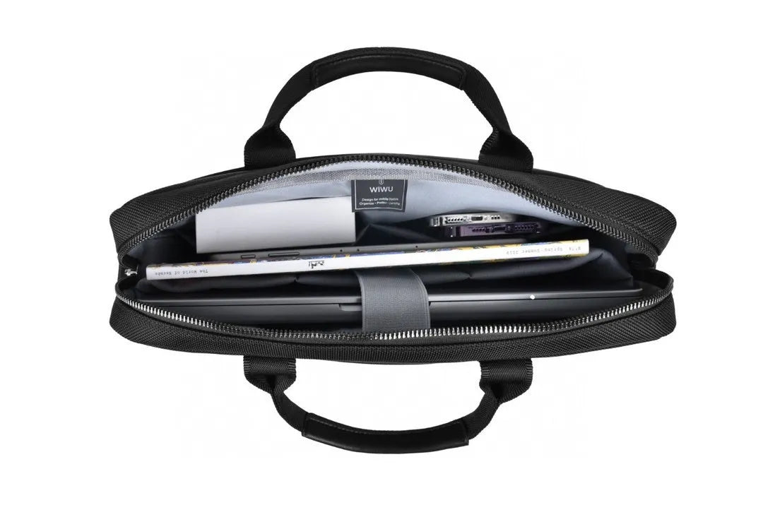 Black Oxford cloth laptop backpack with multiple front pockets and a padded computer compartment.