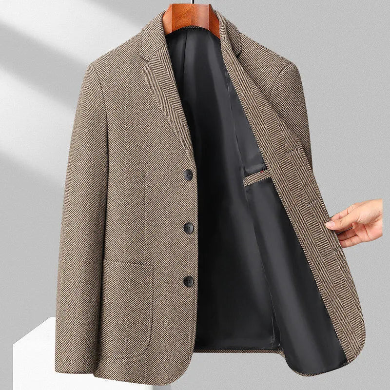 Men's solid-colour loose-fit wool-blend coat for spring and autumn casual wear