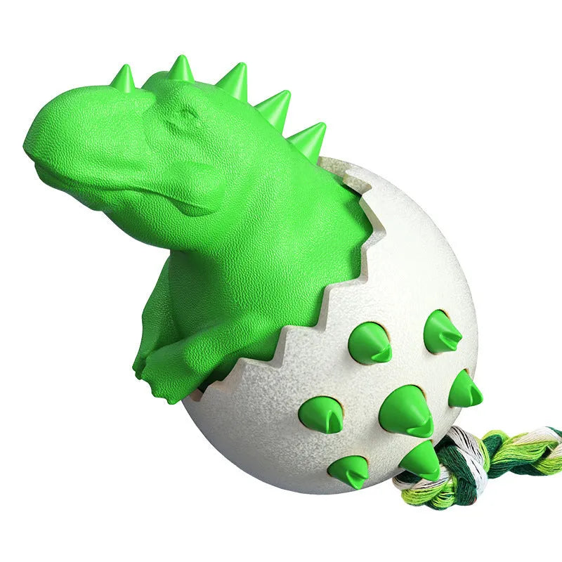 Blue dinosaur-shaped dog chew toy with rope and textured rubber surface.