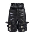 Men's black PU leather casual cropped shorts with leather ring detailing, medium to low waist design