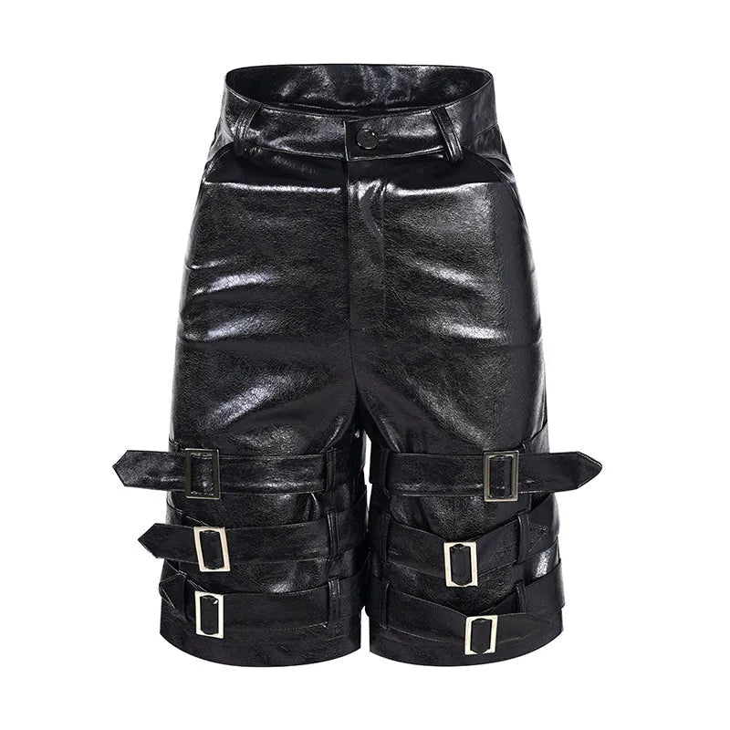Men's black PU leather casual cropped shorts with leather ring detailing, medium to low waist design