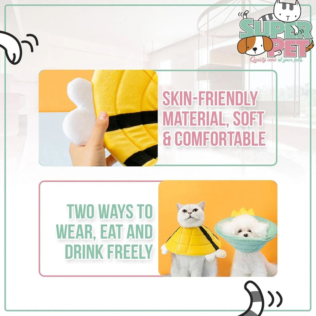 Soft adjustable cat cone collar with bee design and Velcro closure in four sizes