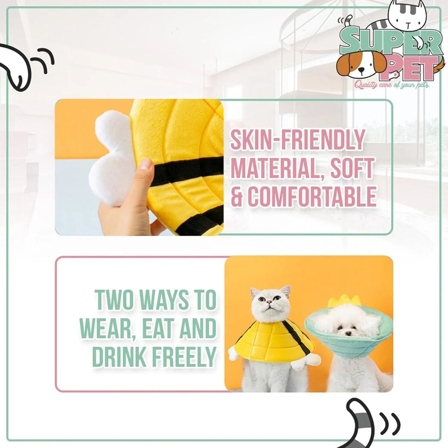 Soft adjustable cat cone collar with bee design and Velcro closure in four sizes