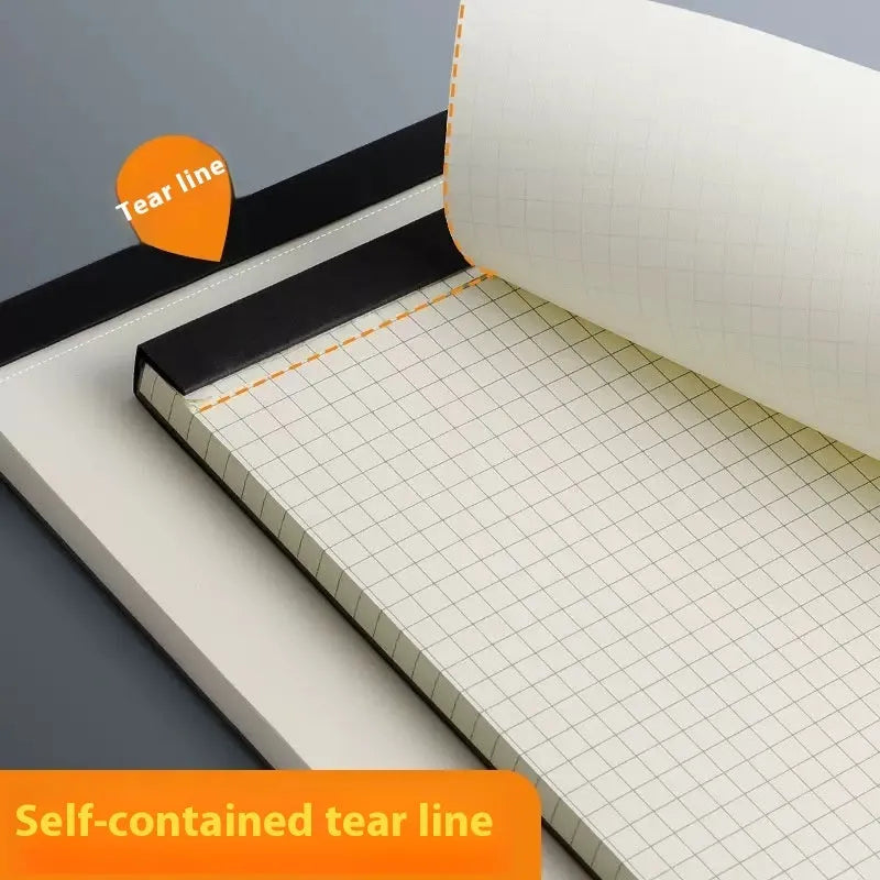 A5, B5, and A4 writing pads with paper covers showing blank, grid, and lined page options
