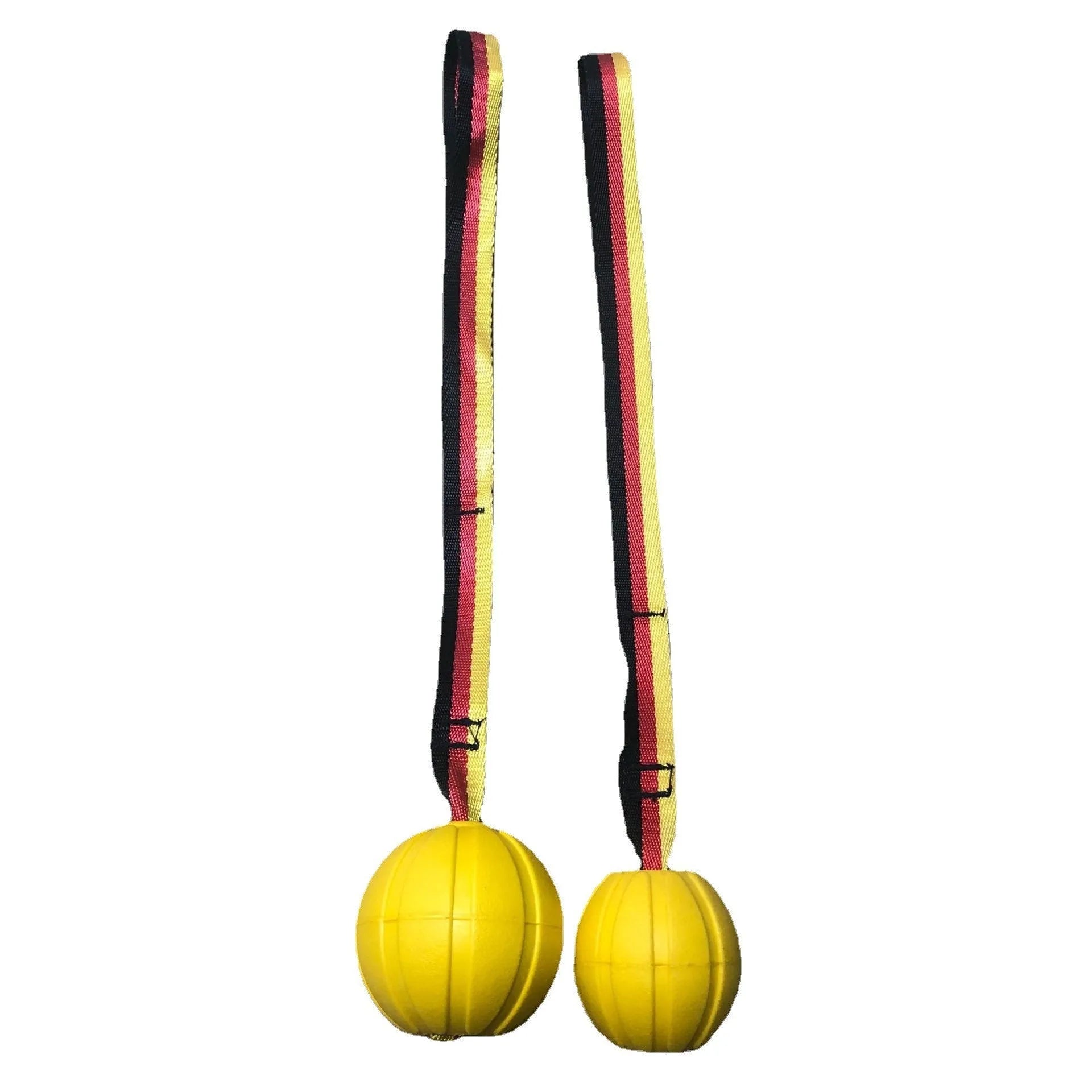 Floating EVA foam dog training ball in camouflage and yellow colours showing three size options