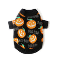 Black dog sweater with an orange Halloween pumpkin print on the back.