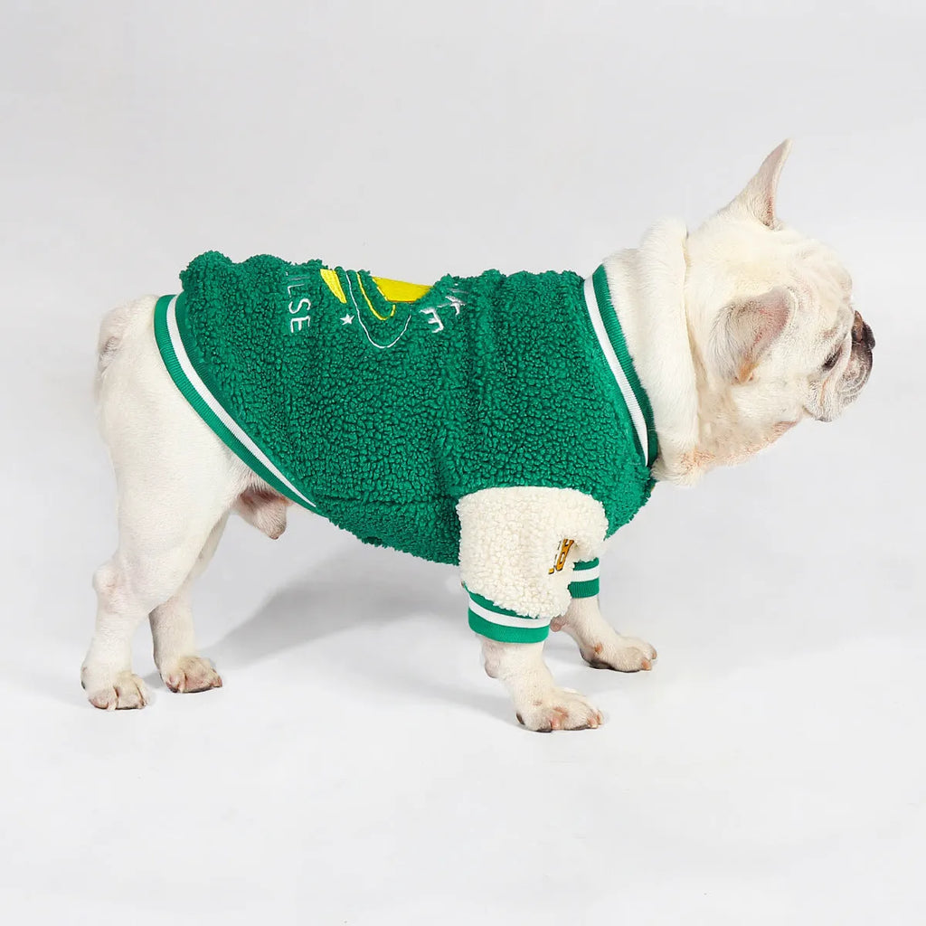 Green fleece-lined cotton dog winter clothing showing pullover design for cold weather protection
