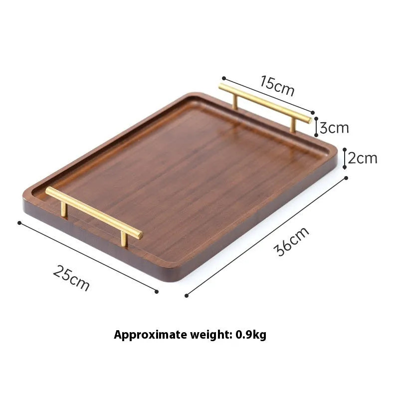 Brown handle bamboo serving tray with square shape and solid colour design