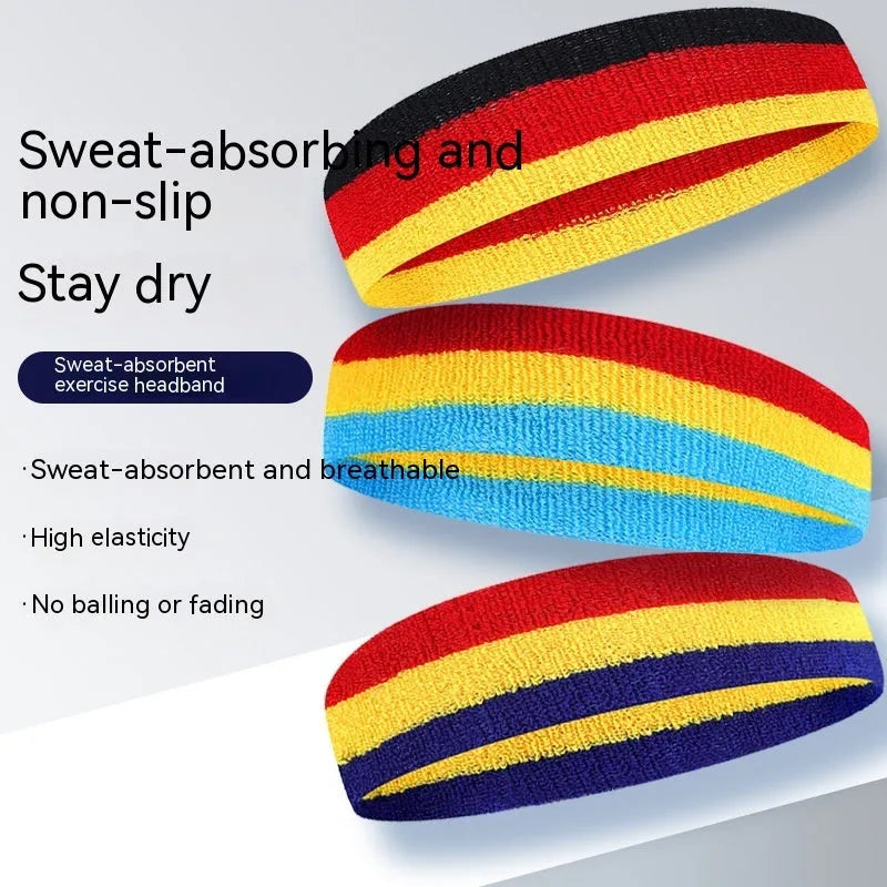 Colourful tri-colour sports headband for adults with stretch fabric measuring 5.5cm by 20cm