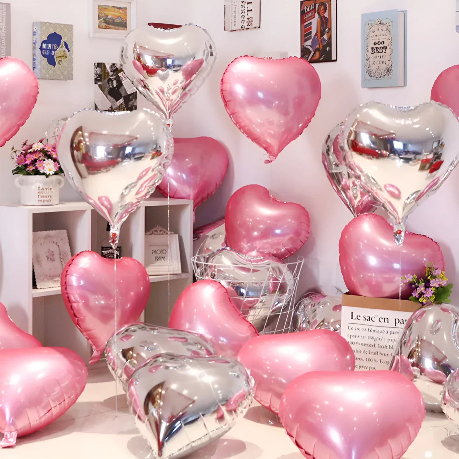 Five peach heart shaped aluminum balloons in metallic colours for party decorations