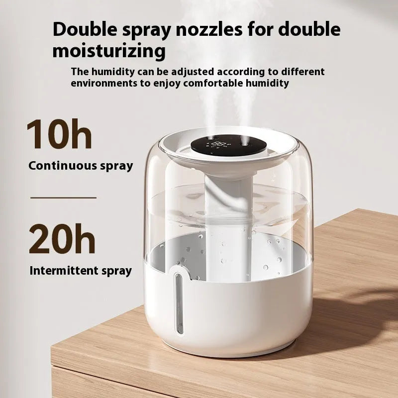 Beige round USB portable humidifier with digital display, dual spray nozzles, and night light on