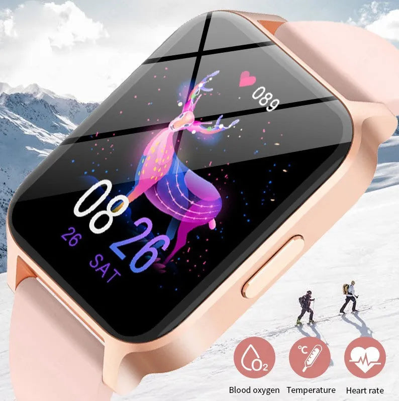 Smart health watch with colour screen on a black mesh metal strap, showing heart rate and step data.