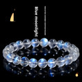 Natural cream body blue moonlight crystal bracelet on a wrist, showing single circle format.
