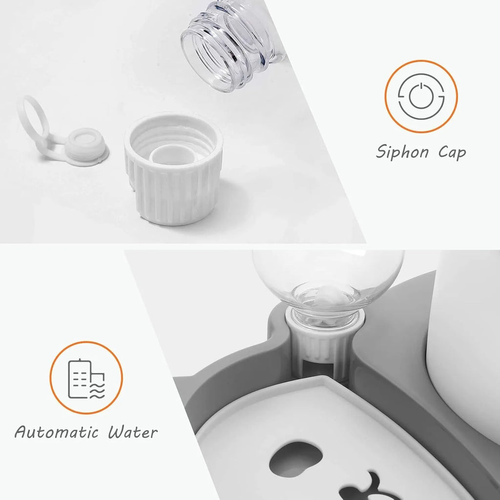 Grey panda-shaped elevated pet feeder with automatic water bottle and tilted stainless steel bowls for cats and small dogs
