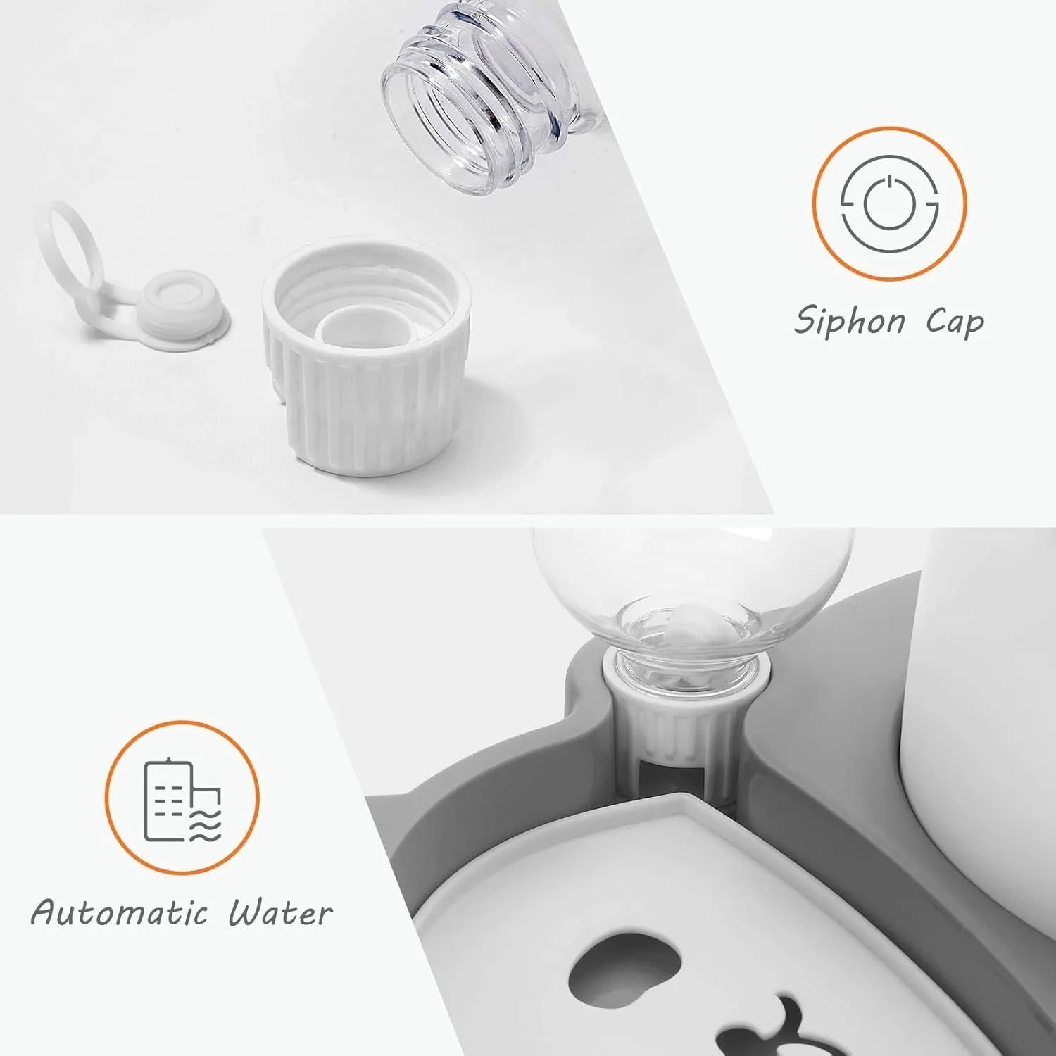 Grey panda-shaped elevated pet feeder with automatic water bottle and tilted stainless steel bowls for cats and small dogs