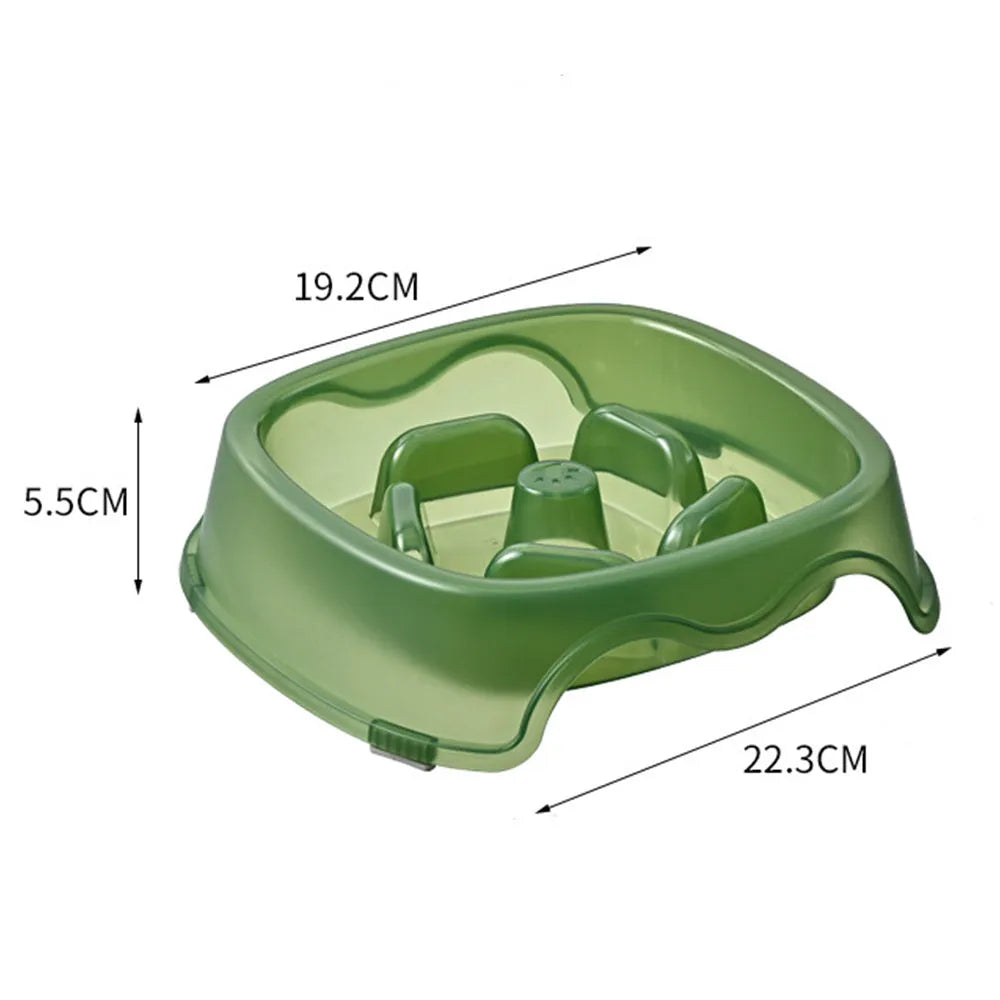 Blue plastic slow feeder dog bowl with internal maze pattern for portion control.