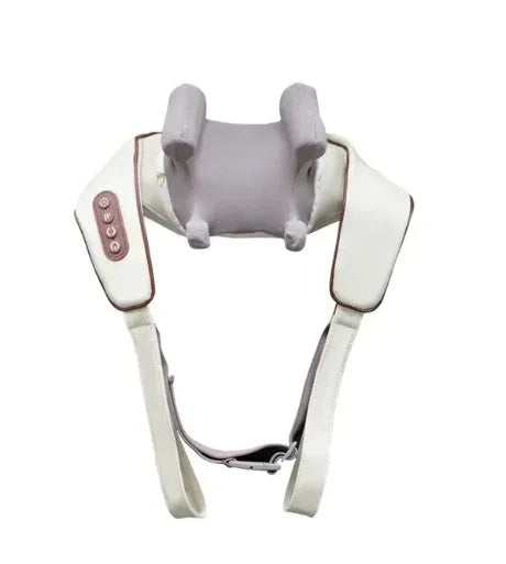 Milky white rechargeable handheld shoulder and neck kneading massager with USB cable.