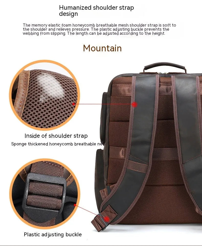 Dark brown leather backpack for 17-inch laptops with multiple compartments and shoulder straps