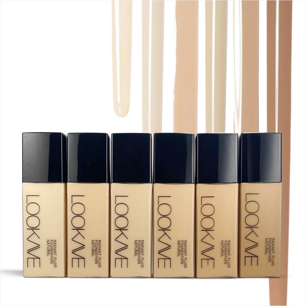 LOOKAVE Matte Liquid Foundation bottle in six shade options with waterproof and brightening properties