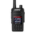 Black waterproof aviation interphone radio with full band coverage, shown with battery, antenna, charger, and headset microphone.
