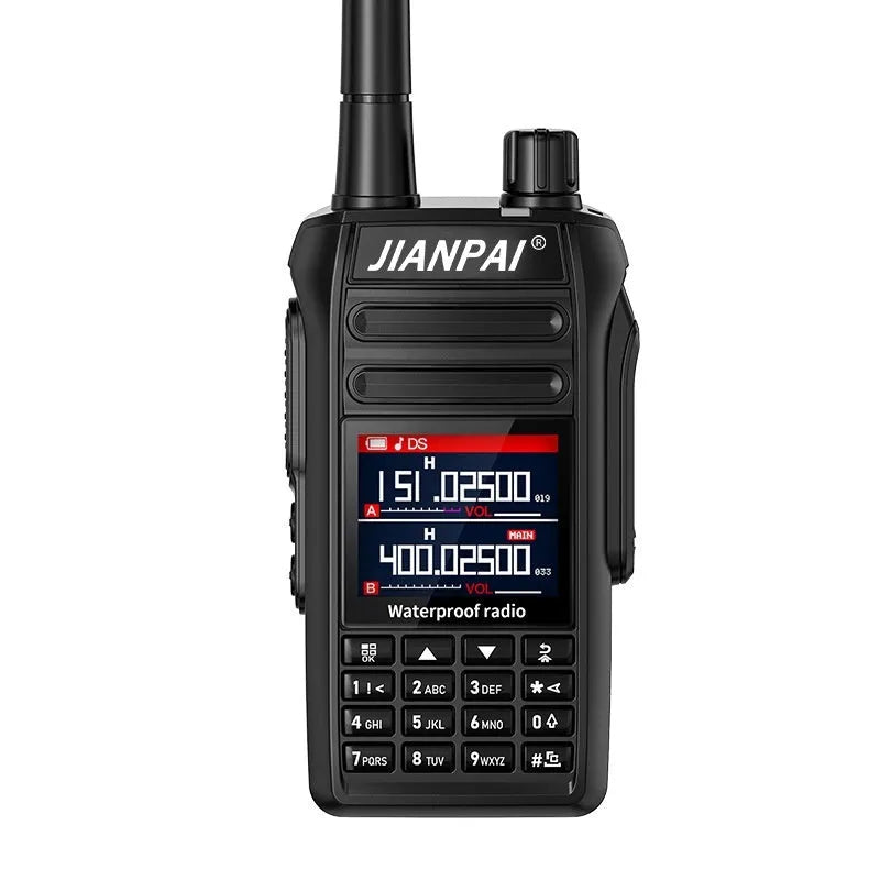 Black waterproof aviation interphone radio with full band coverage, shown with battery, antenna, charger, and headset microphone.