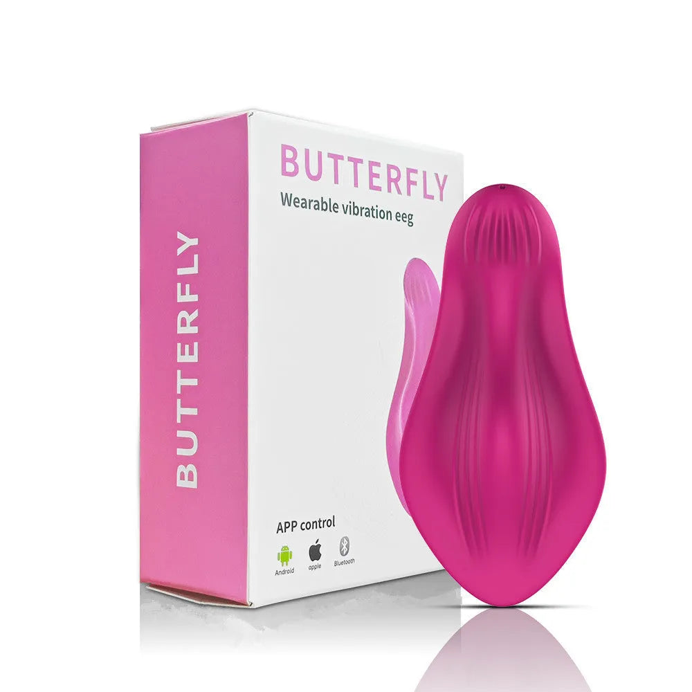 Rose red wearable female massager with butterfly design and USB charging port