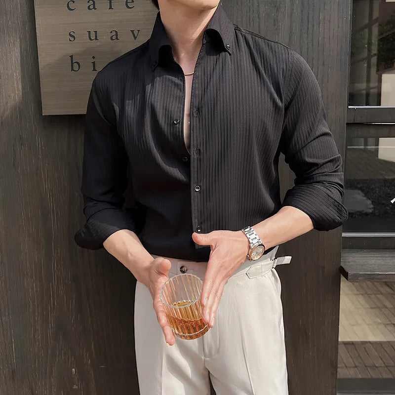 Men's dark striped V-neck long sleeve casual shirt in a polyester blend fabric.