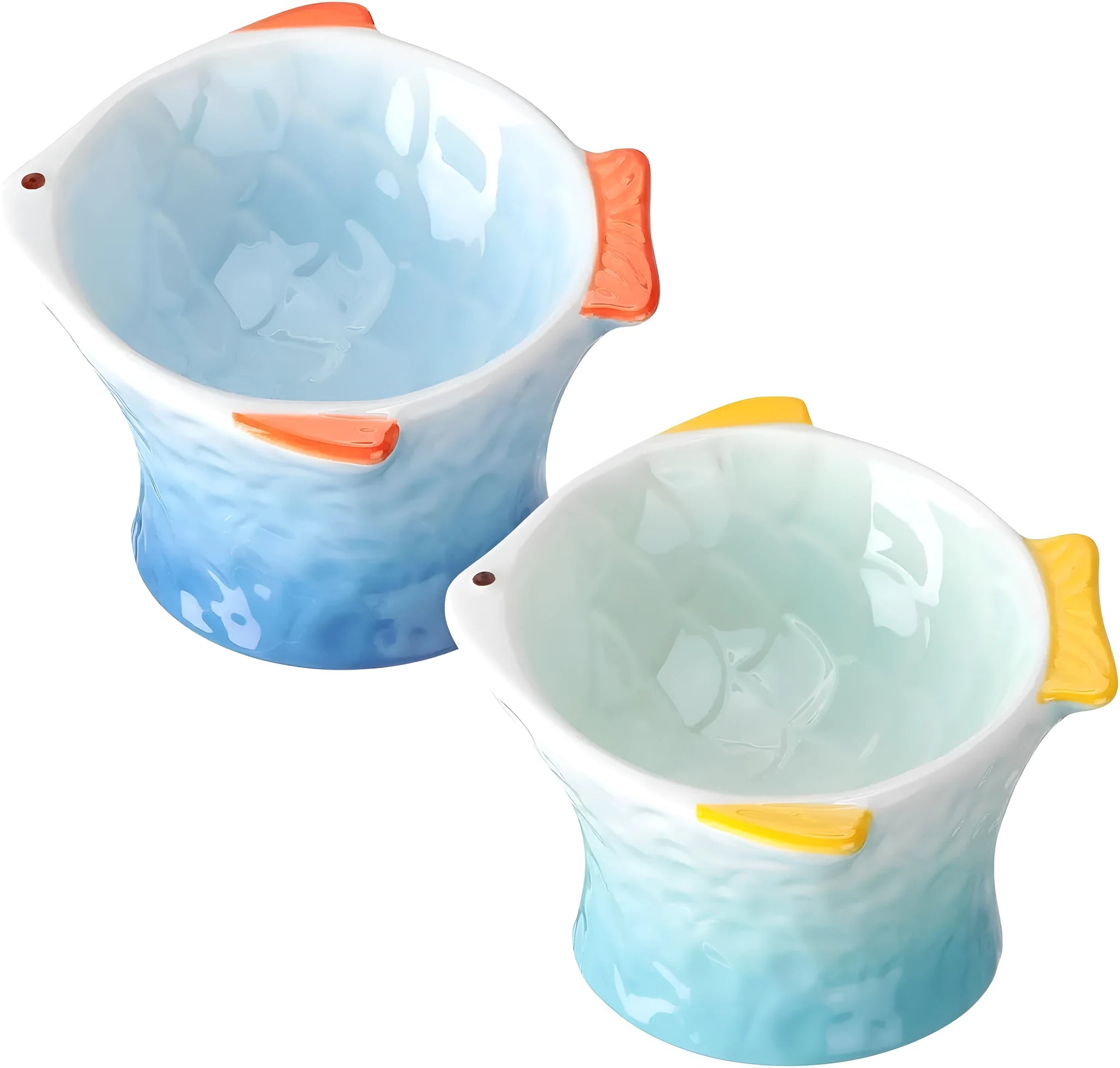Set of blue, green, pink, and yellow ceramic fish shaped cat bowls with a tilted design.