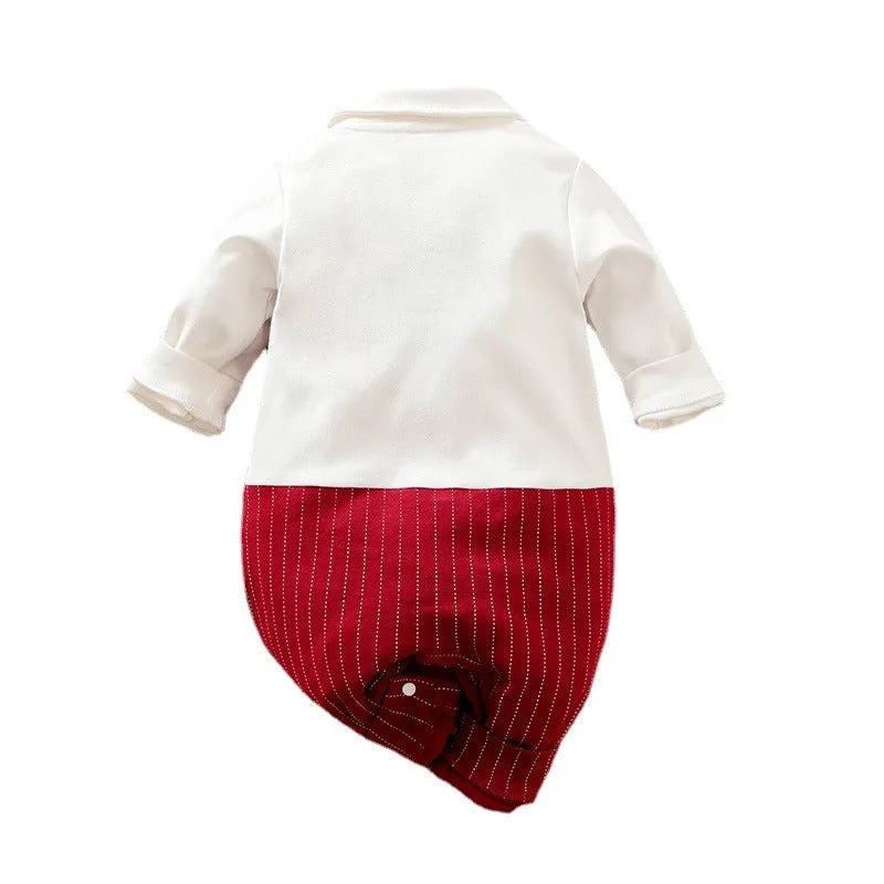 Wine red cotton baby boy's long sleeve romper with single-breasted closure