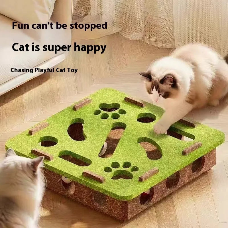 Green brown felt cat scratching box toy with hide-and-seek holes measuring 30x30x7.5cm