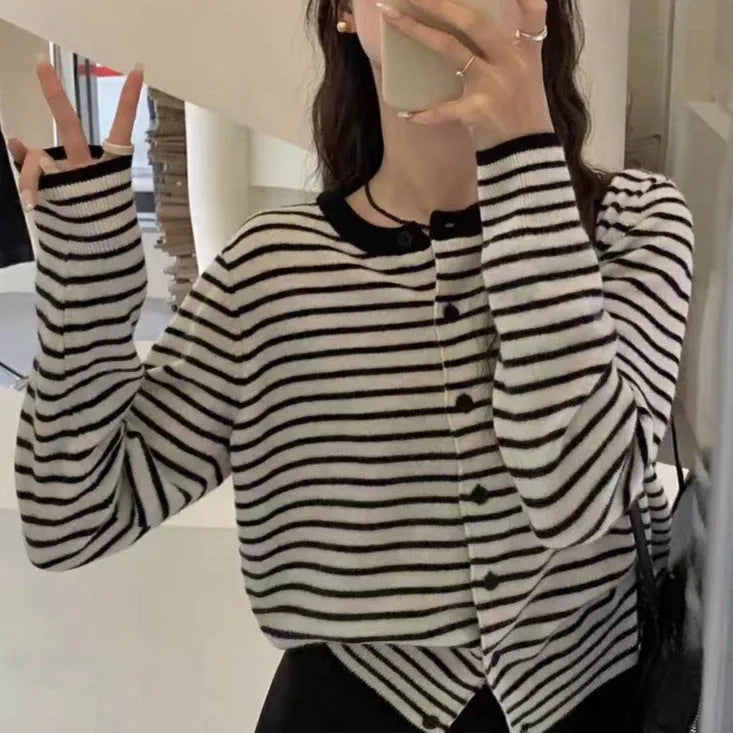 Women's dark grey and white striped cardigan coat with French style slim fit design