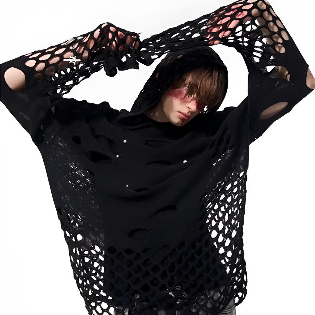 Men's black loose fit hoodie with pearl decoration on front
