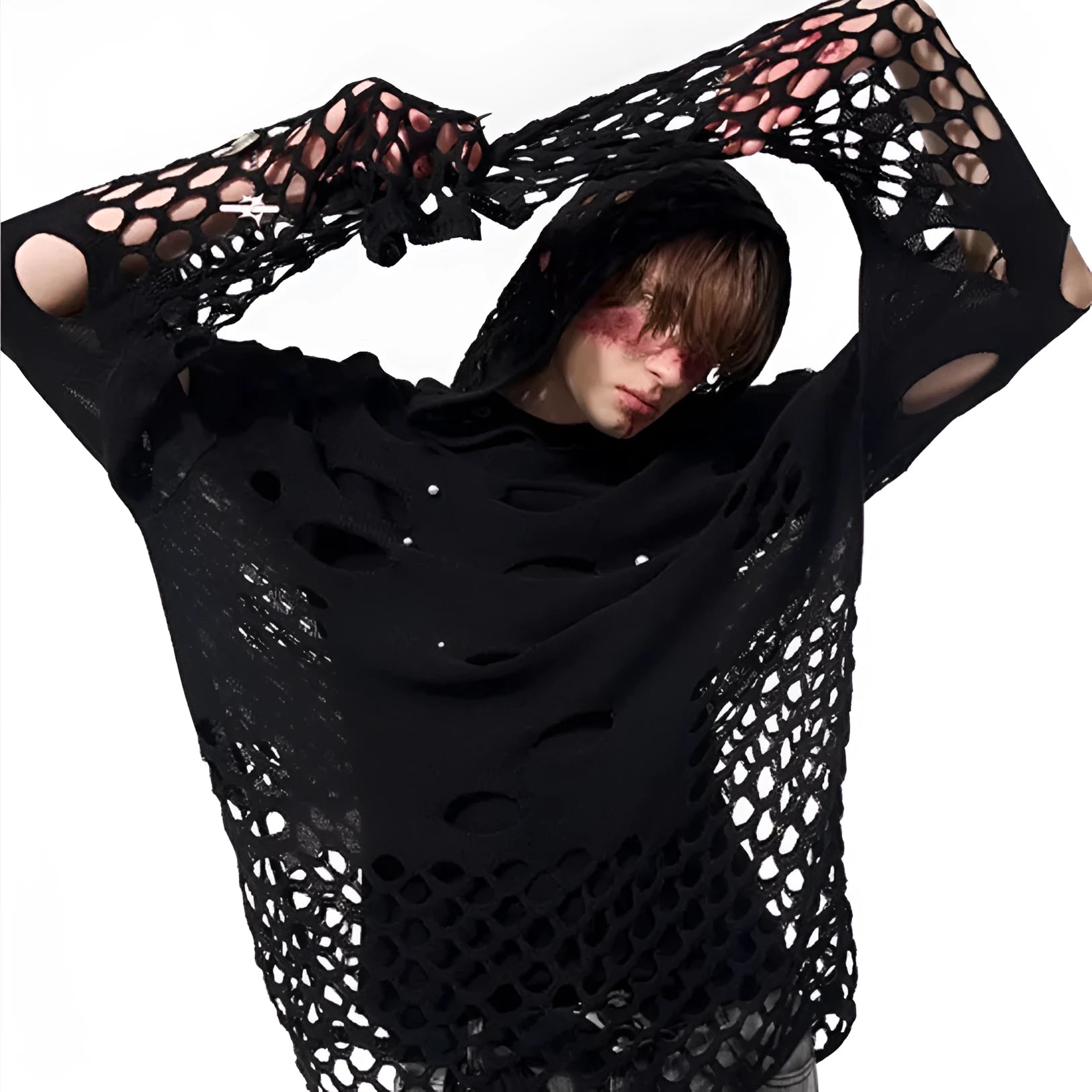 Men's black loose fit hoodie with pearl decoration on front