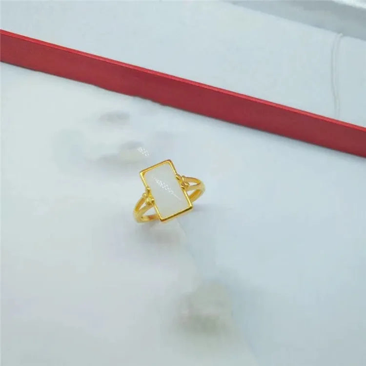 Adjustable brass ring with gold plating and gemstone inlay in national style design