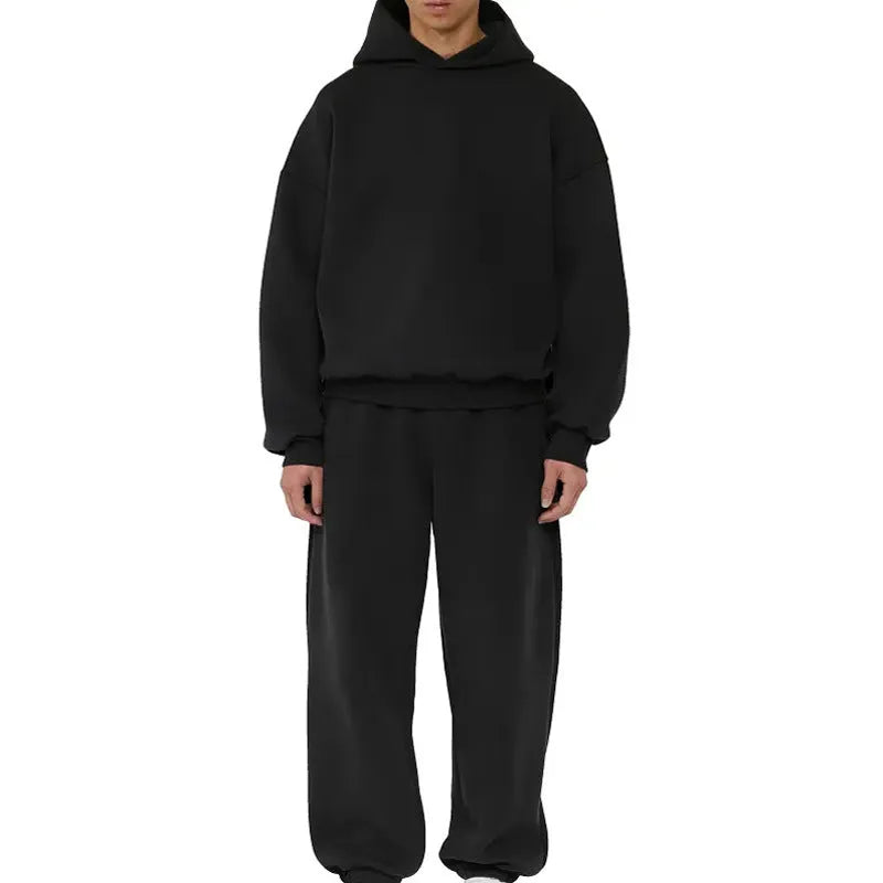 Men's grey fleece-lined cotton hoodie sweater with a wool lining and pullover design.