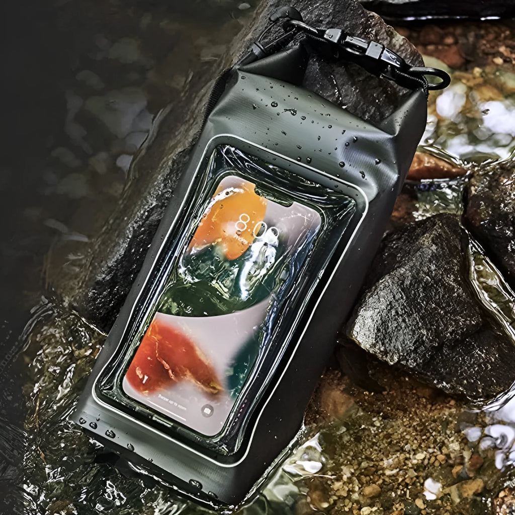 Army Green 2L waterproof crossbody phone bag made from PVC mesh for outdoor and water sports.
