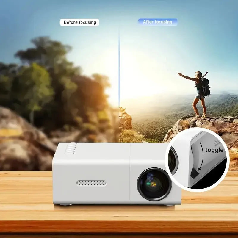 M100 mini LED projector showing 100-inch projection with remote control and cables