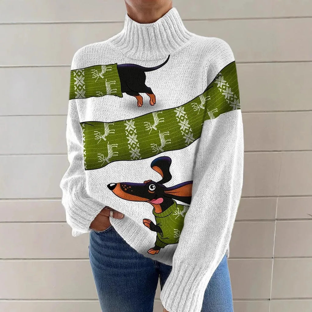 Women's Christmas printed turtleneck sweater with painting pattern in thick needle polyester fabric
