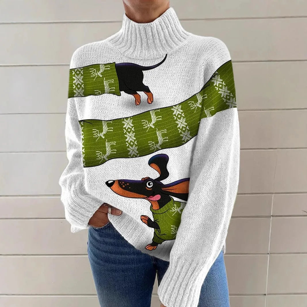 Women's Christmas printed turtleneck sweater with painting pattern in thick needle polyester fabric