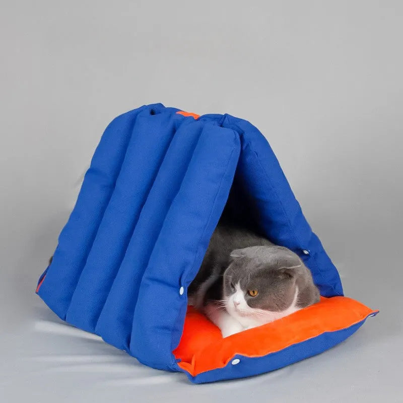 Blue triangular cat sofa bed with drilled holes for combination, removable cotton cover