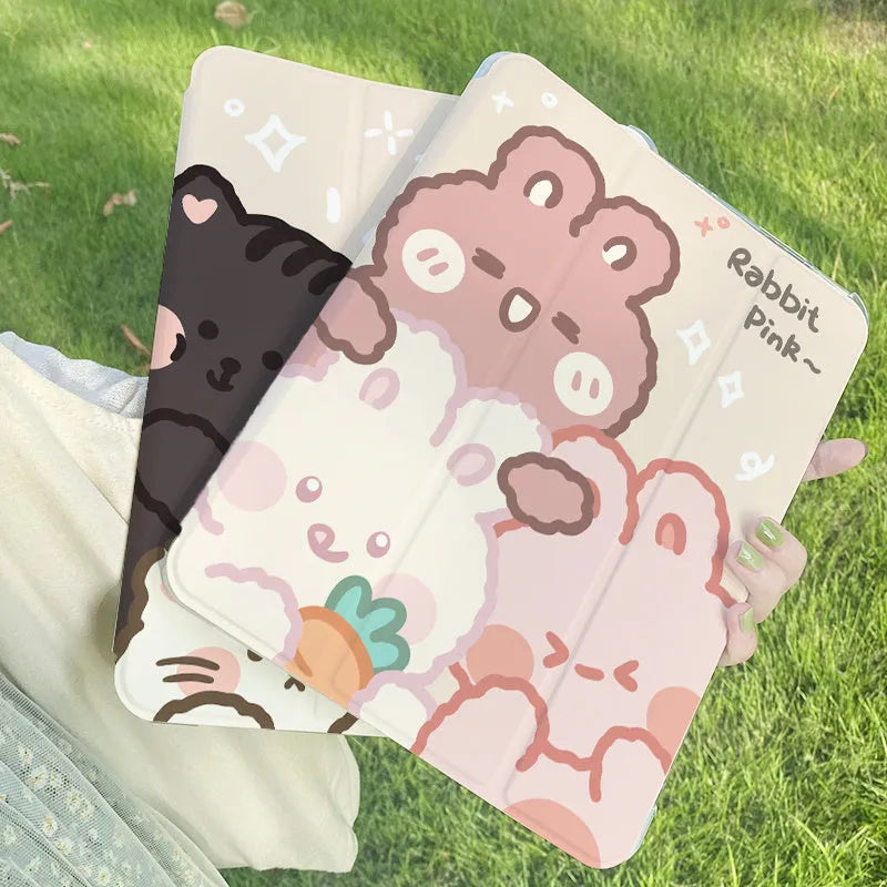 Silicone tri-fold protective case for iPad in a cartoon rabbit design, showing the stand function.