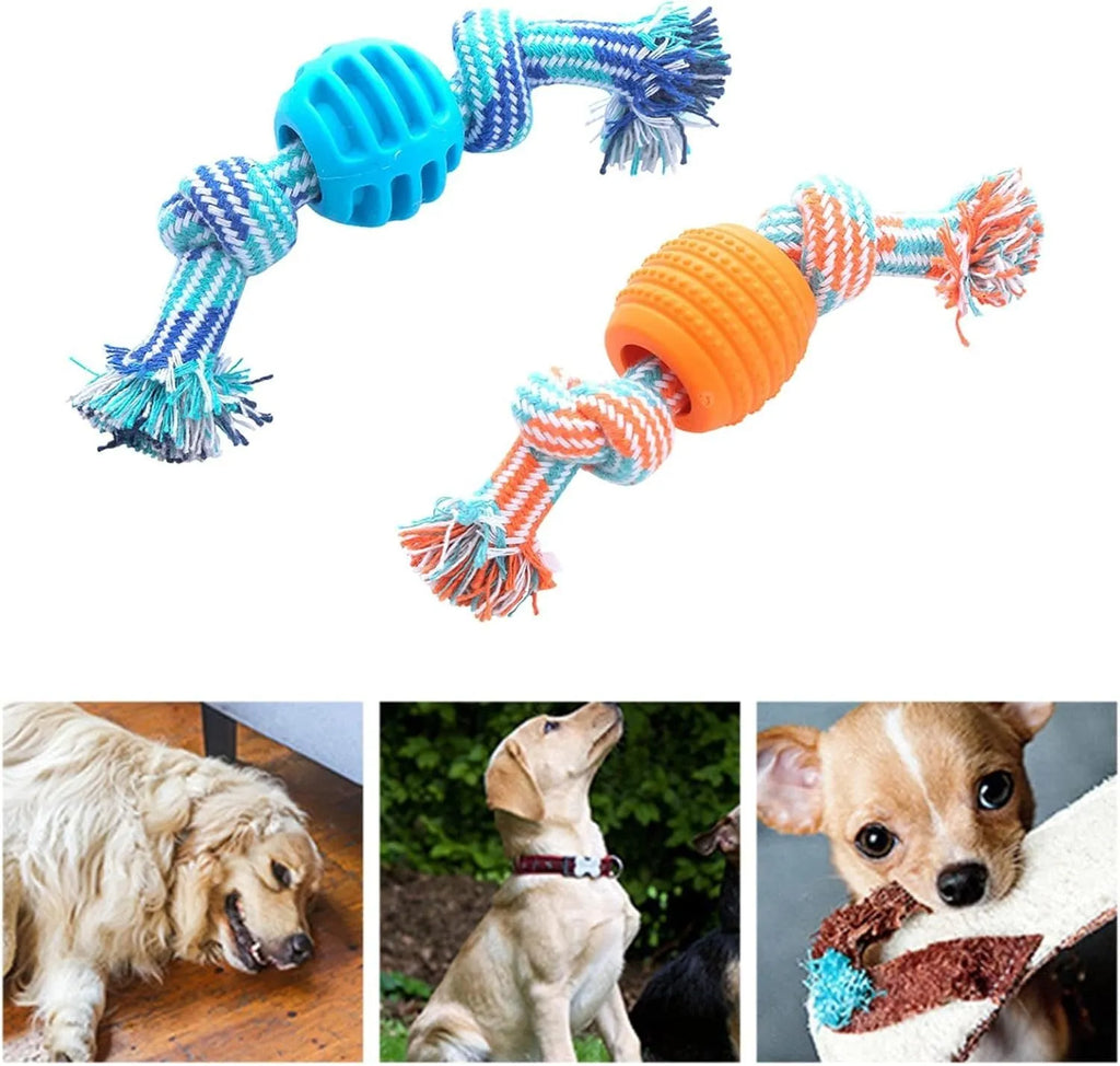 Blue dog chew toy with molar cleaning texture and integrated rope sections for dental health support