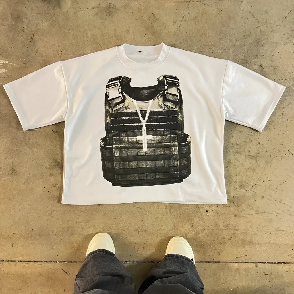 Printed cotton short sleeve retro street style t-shirt with drop-shoulder sleeves and contrast colour design