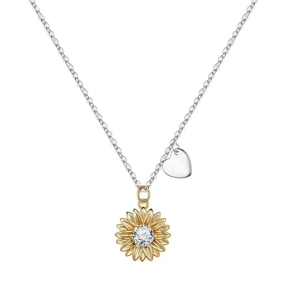 Women's sterling silver sunflower necklace with geometric daisy petals and adjustable 21-50 cm length