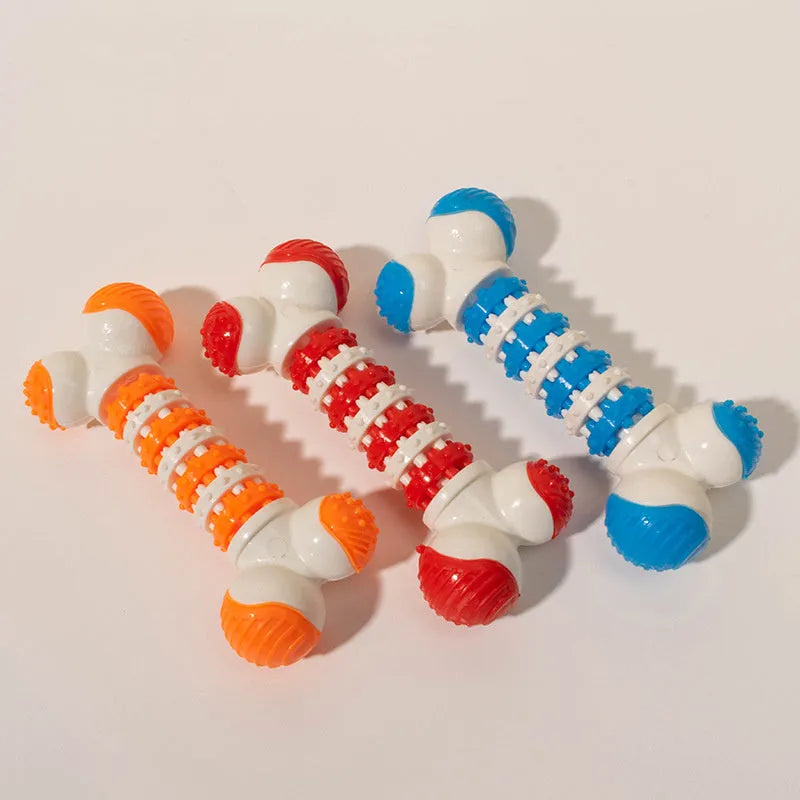Blue, orange, and red bone-shaped interactive dog chew toy for small breeds with treat holder.